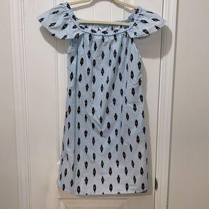 J. Crew cap sleeve baby blue dress with navy/orange oval pattern print